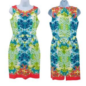 Nine West Watercolor Abstract Blue, Green, Coral Sheath Dress